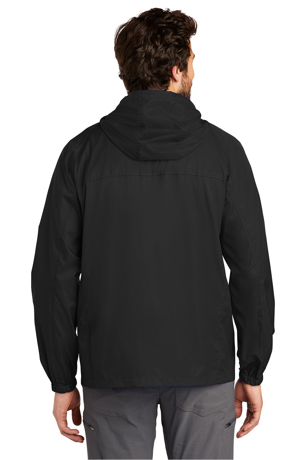Eddie Bauer EB500 Mens Packable Wind Resistant Full Zip Hooded Jacket Black Model Back
