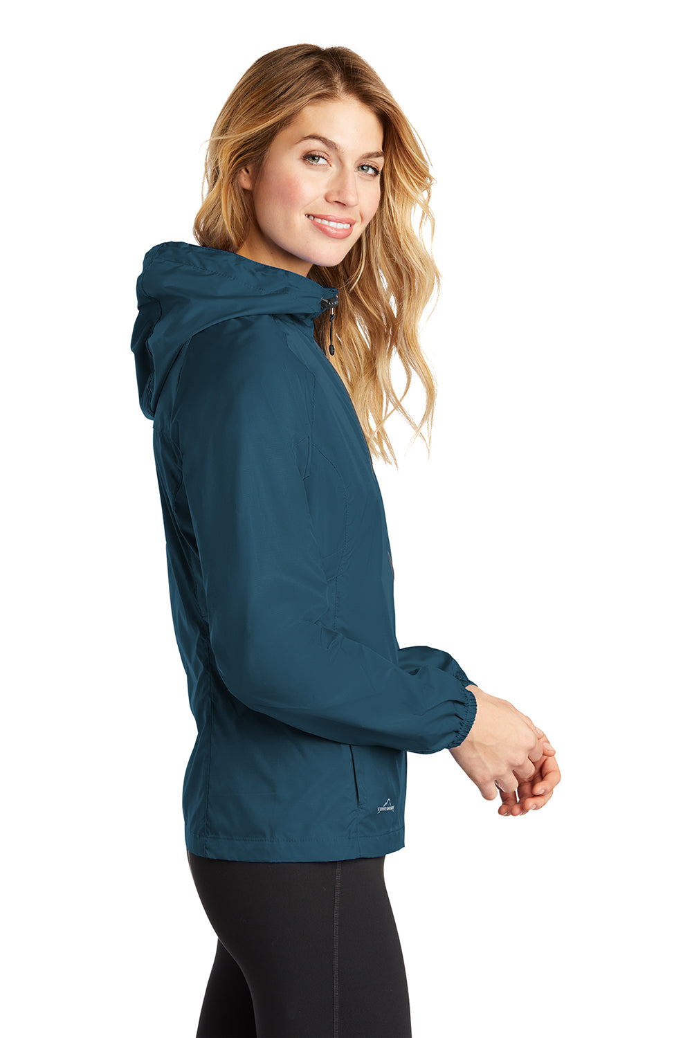 Eddie Bauer EB501 Womens Packable Wind Resistant Full Zip Hooded Jacket Adriatic Blue Model Side