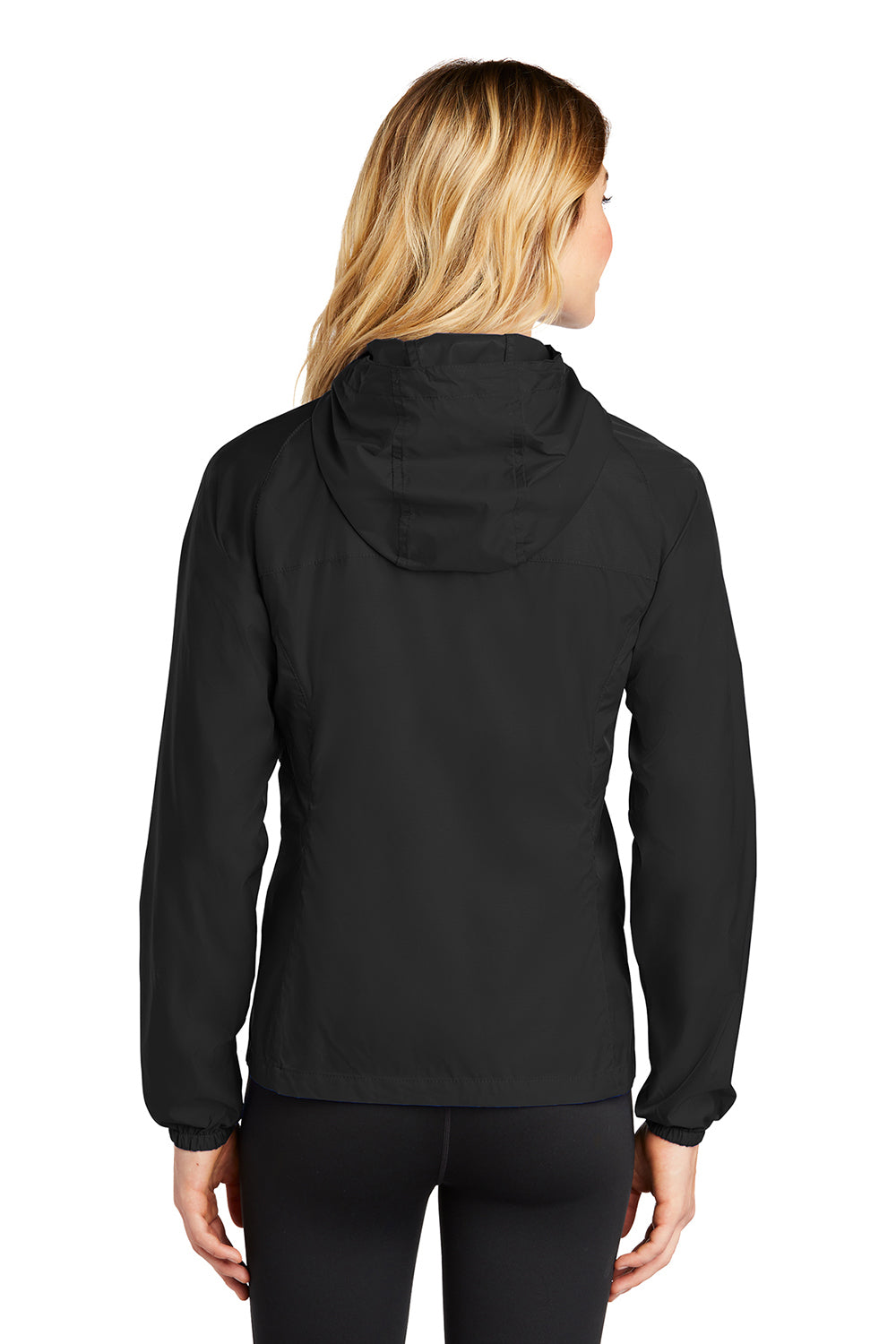 Eddie Bauer EB501 Womens Packable Wind Resistant Full Zip Hooded Jacket Black Model Back