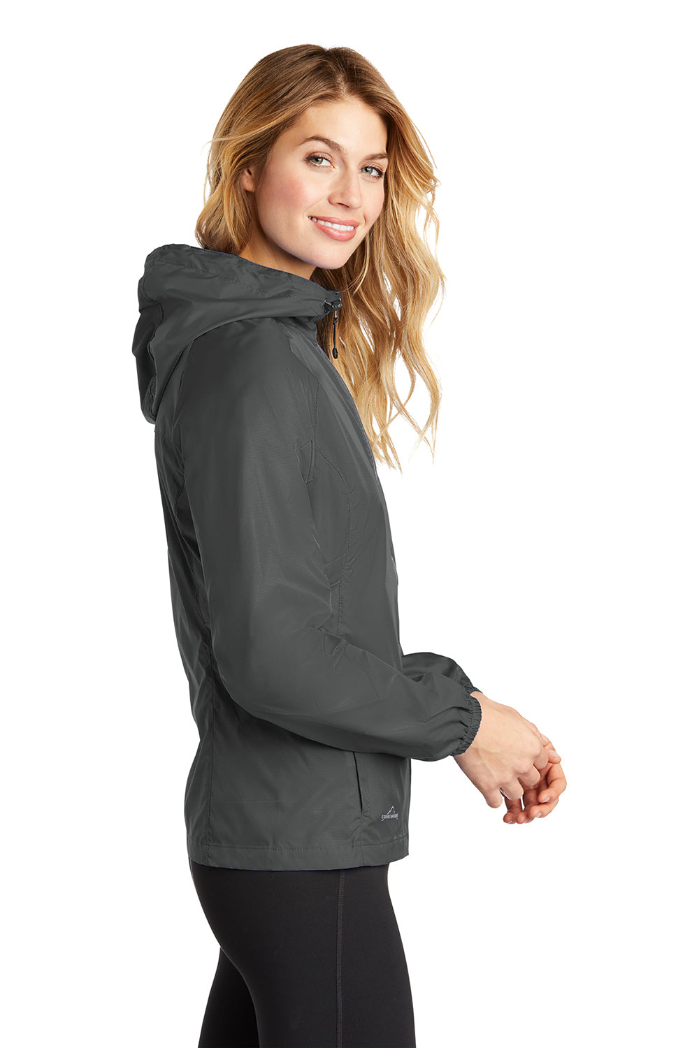 Eddie Bauer EB501 Womens Packable Wind Resistant Full Zip Hooded Jacket Steel Grey Model Side
