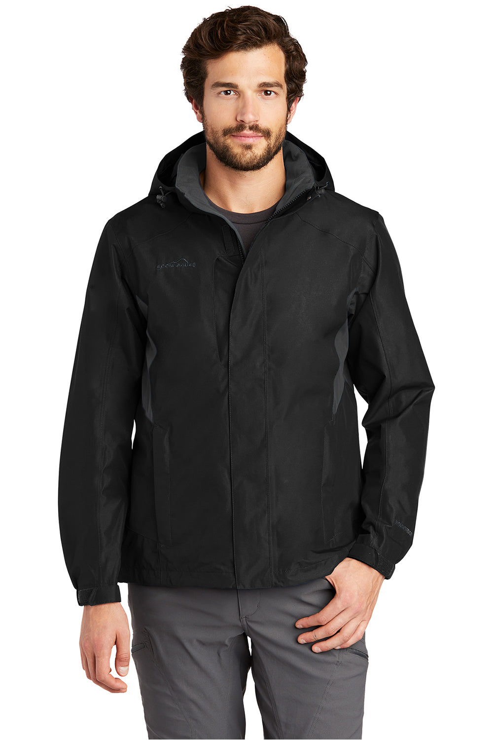 Eddie Bauer EB550 Mens Waterproof Full Zip Hooded Jacket Black Model Front