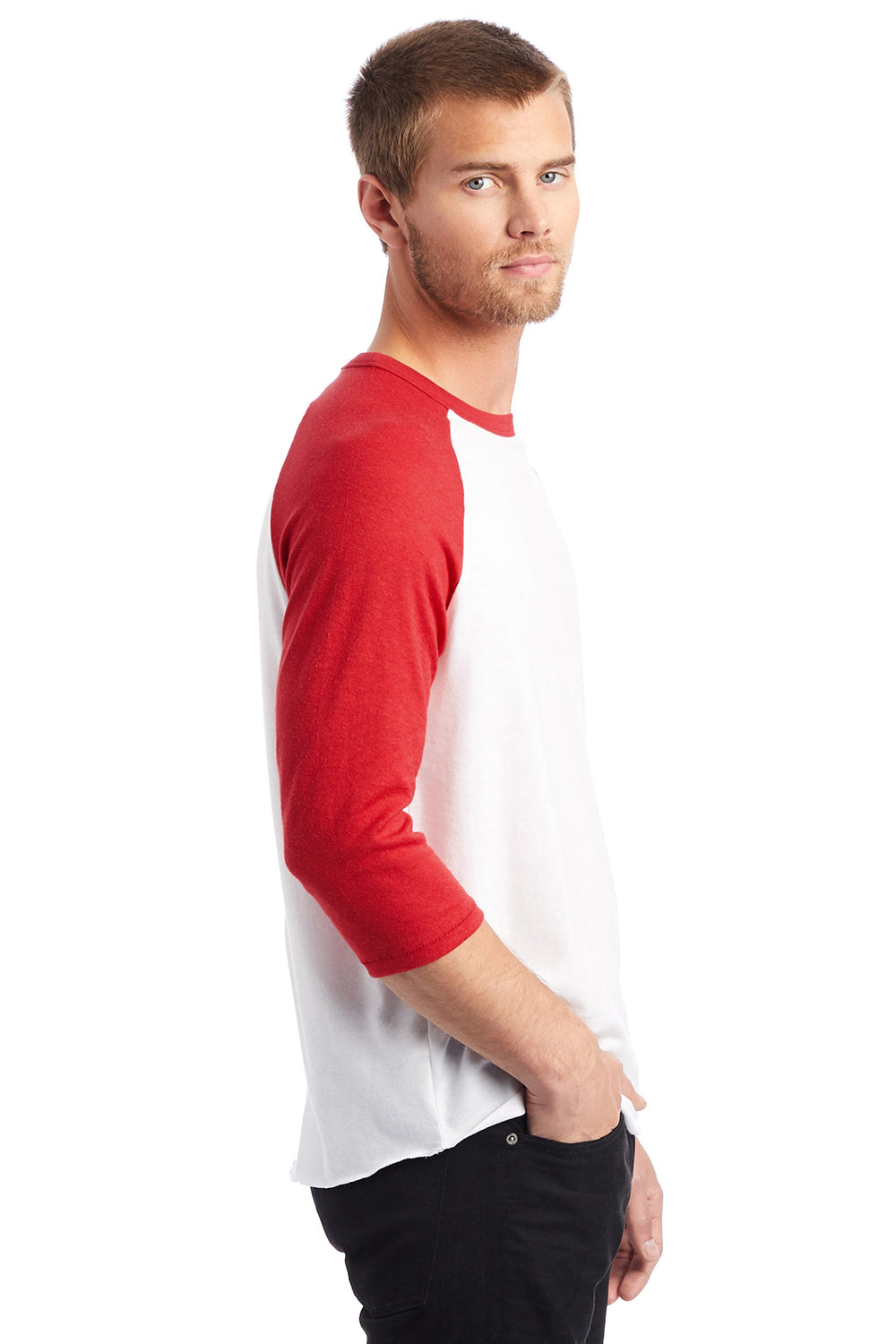 Alternative 5127BP/5127 Mens Vintage Keeper Baseball 3/4 Sleeve Crewneck T-Shirt White/Red Model Side
