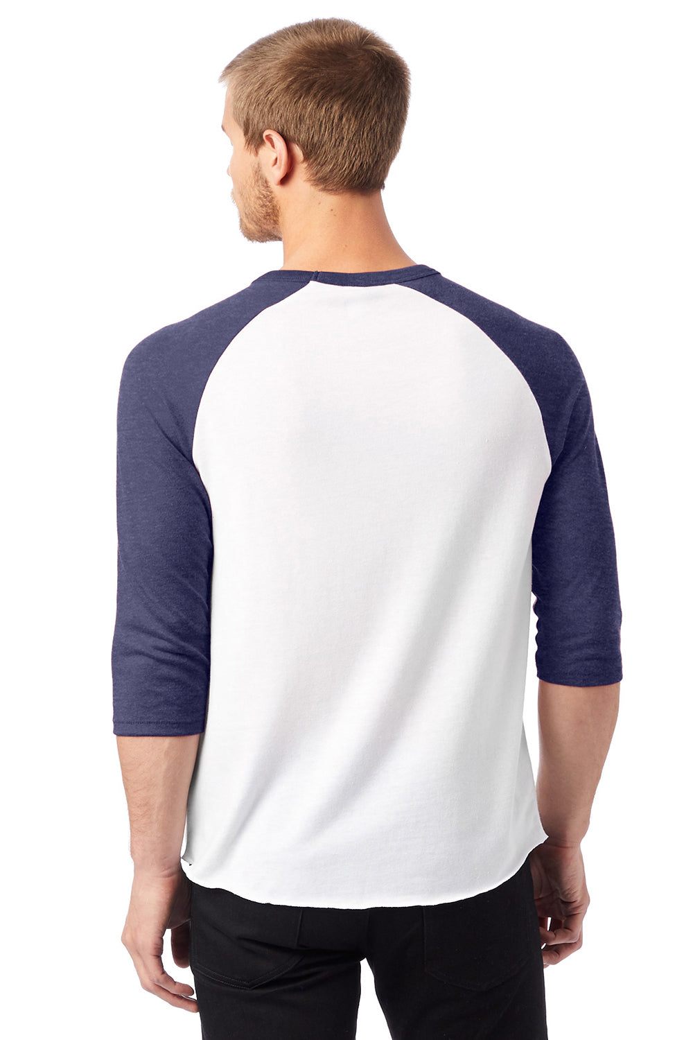 Alternative 5127BP/5127 Mens Vintage Keeper Baseball 3/4 Sleeve Crewneck T-Shirt White/Navy Blue Model Back