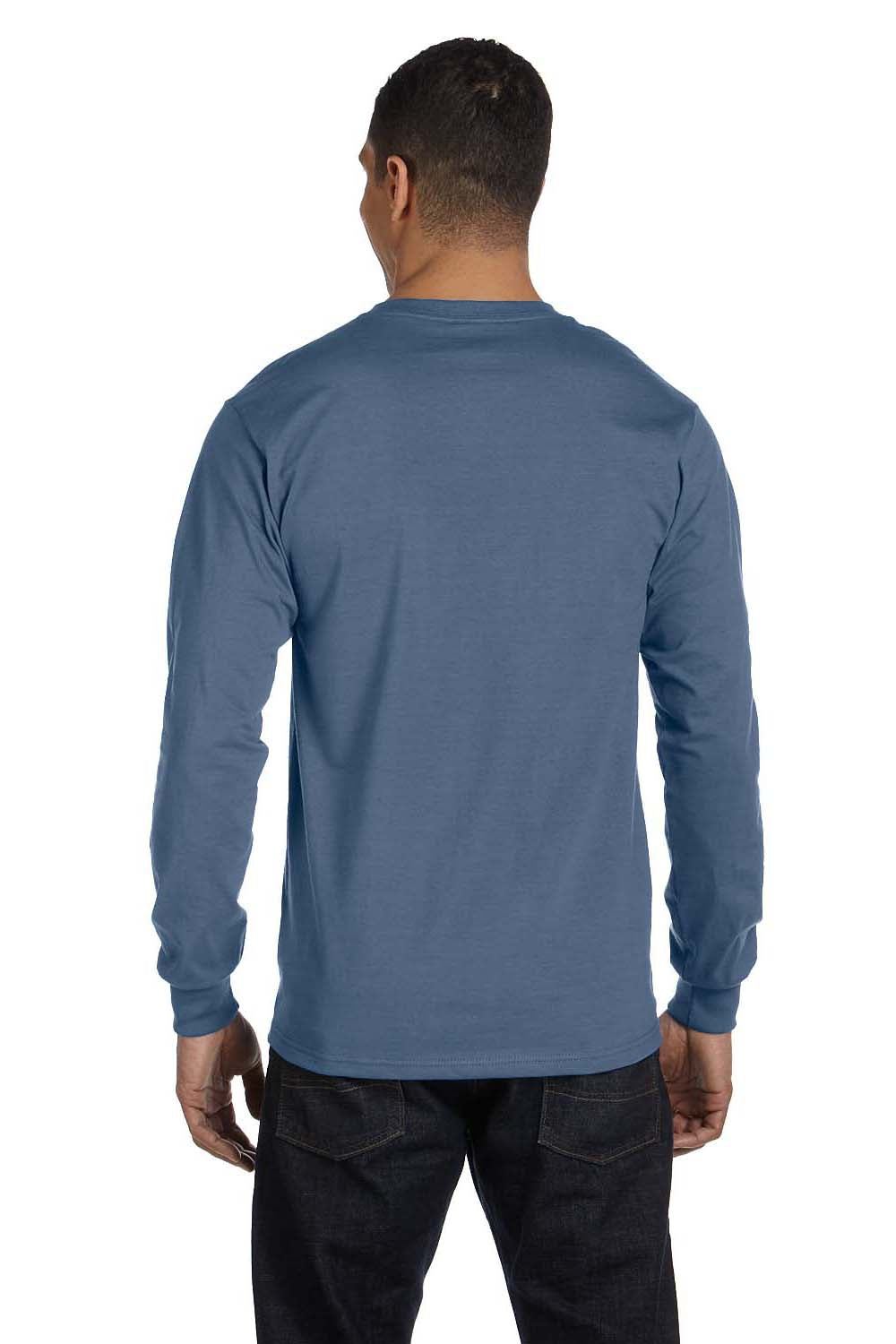Hanes 5186 Mens Beefy-T Long Sleeve Crewneck T-Shirt Denim Blue Model Back
