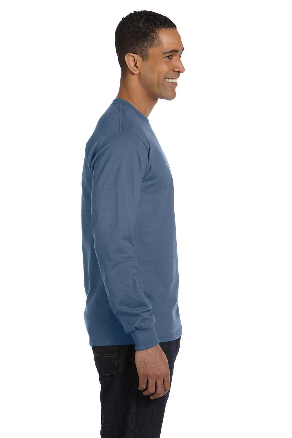Hanes 5186 Mens Beefy-T Long Sleeve Crewneck T-Shirt Denim Blue Model Side