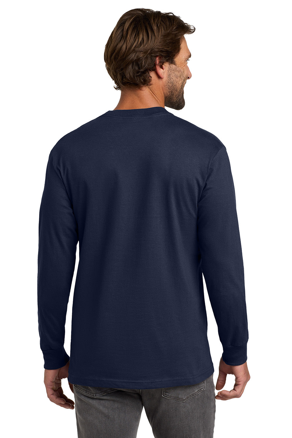 Hanes 5186 Mens Beefy-T Long Sleeve Crewneck T-Shirt Navy Blue Model Back