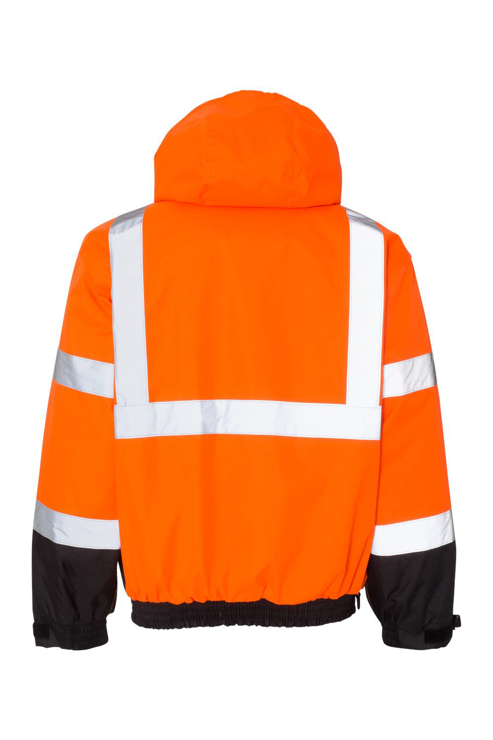 Kishigo JS130-132 Mens Ripstop Waterproof Full Zip Hooded Bomber Jacket Orange/Black Flat Back