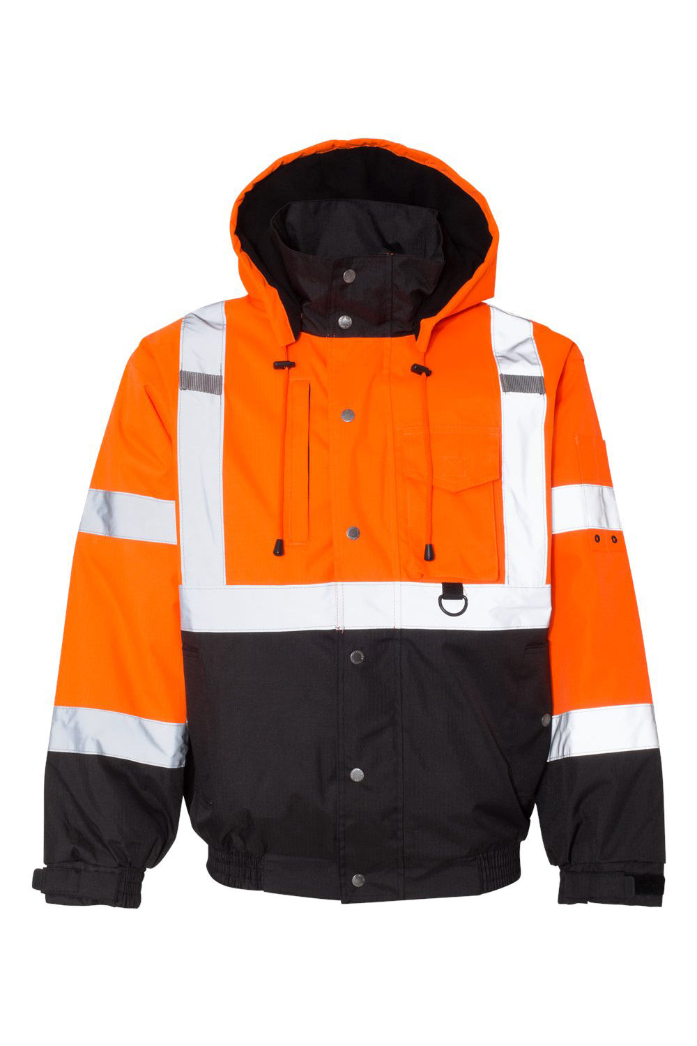 Kishigo JS130-132 Mens Ripstop Waterproof Full Zip Hooded Bomber Jacket Orange/Black Flat Front