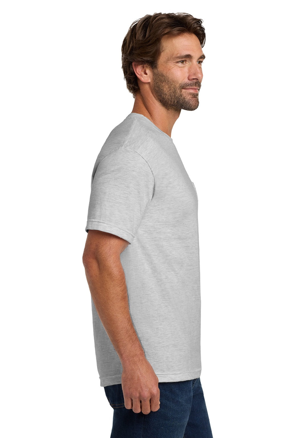Hanes 5190 Mens Beefy-T Short Sleeve Crewneck T-Shirt w/ Pocket Ash Grey Model Side