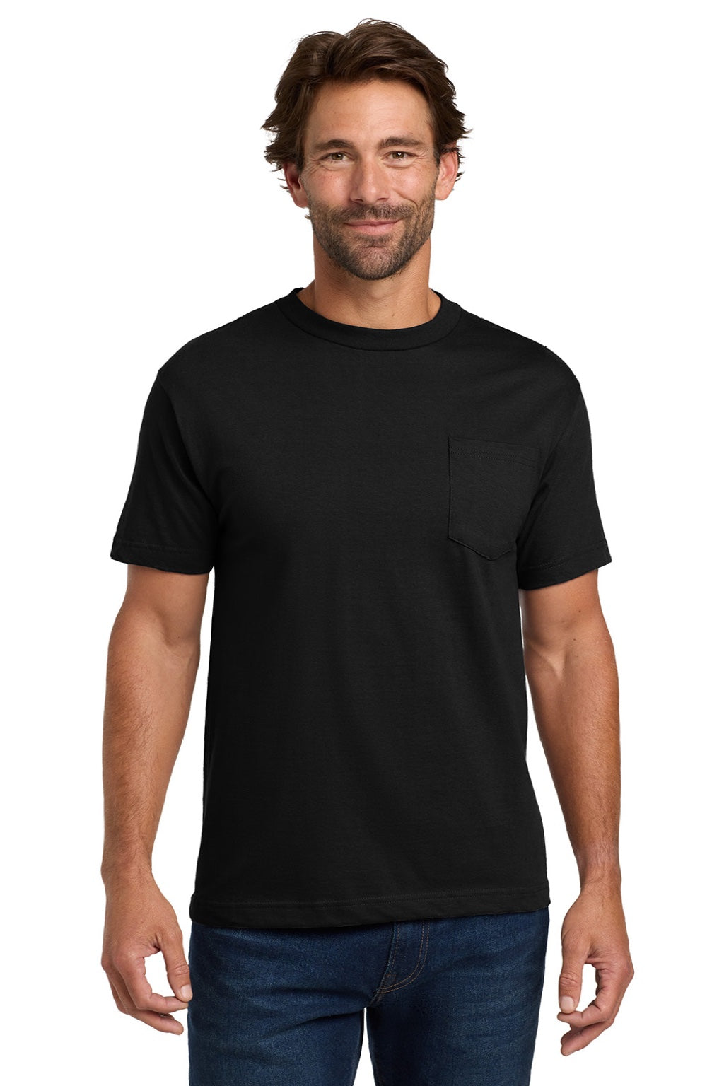 Hanes 5190 Mens Beefy-T Short Sleeve Crewneck T-Shirt w/ Pocket Black Model Front