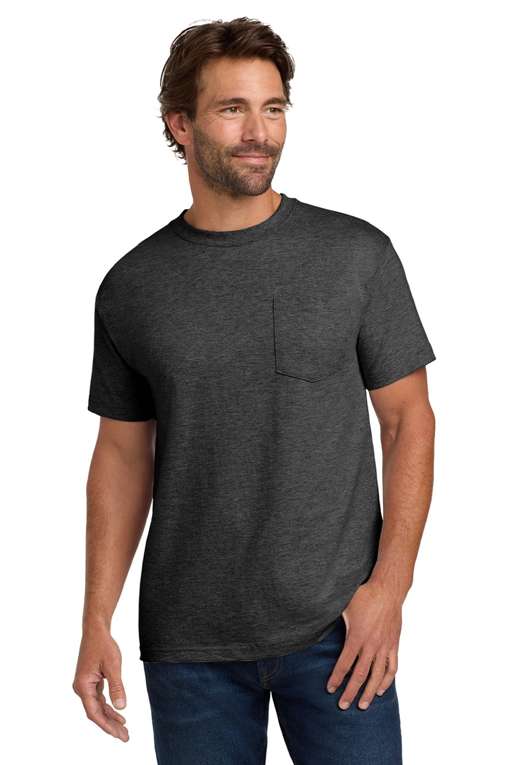 Hanes 5190 Mens Beefy-T Short Sleeve Crewneck T-Shirt w/ Pocket Heather Charcoal Grey Model Front