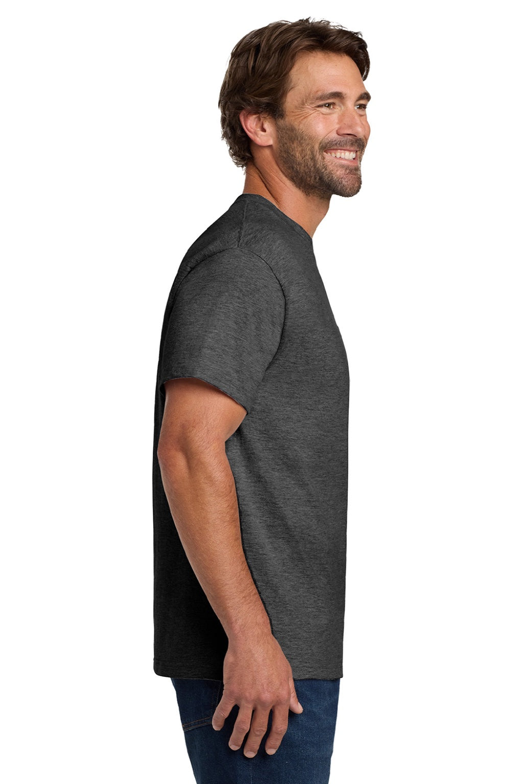 Hanes 5190 Mens Beefy-T Short Sleeve Crewneck T-Shirt w/ Pocket Heather Charcoal Grey Model Side