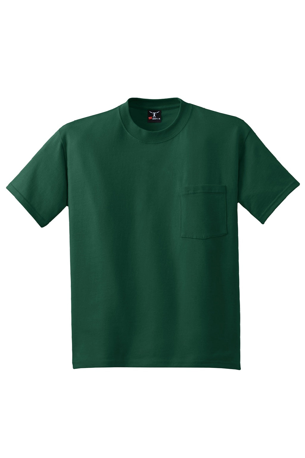Hanes 5190 Mens Beefy-T Short Sleeve Crewneck T-Shirt w/ Pocket Deep Forest Green Flat Front