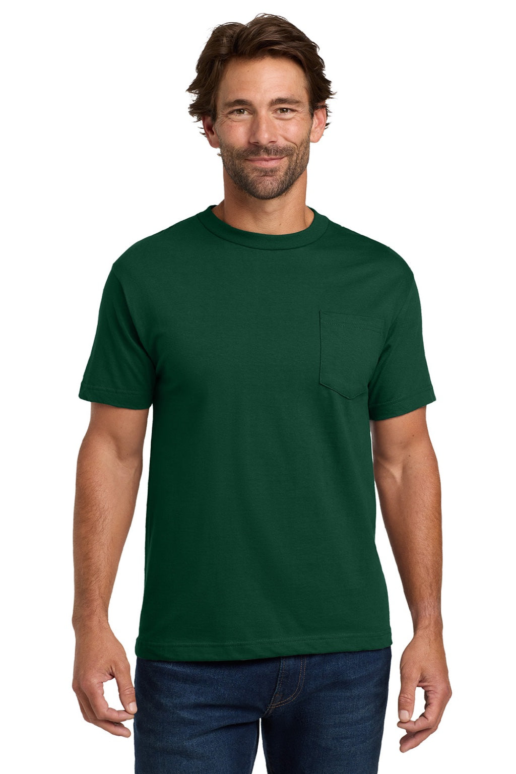 Hanes 5190 Mens Beefy-T Short Sleeve Crewneck T-Shirt w/ Pocket Deep Forest Green Model Front