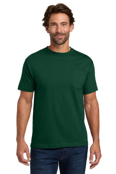 Hanes 5190 Mens Beefy-T Short Sleeve Crewneck T-Shirt w/ Pocket Deep Forest Green Model Front