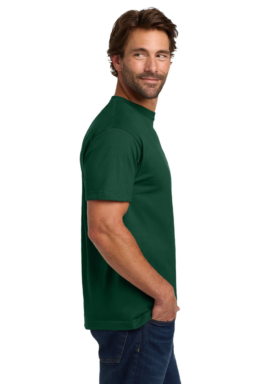 Hanes 5190 Mens Beefy-T Short Sleeve Crewneck T-Shirt w/ Pocket Deep Forest Green Model Side