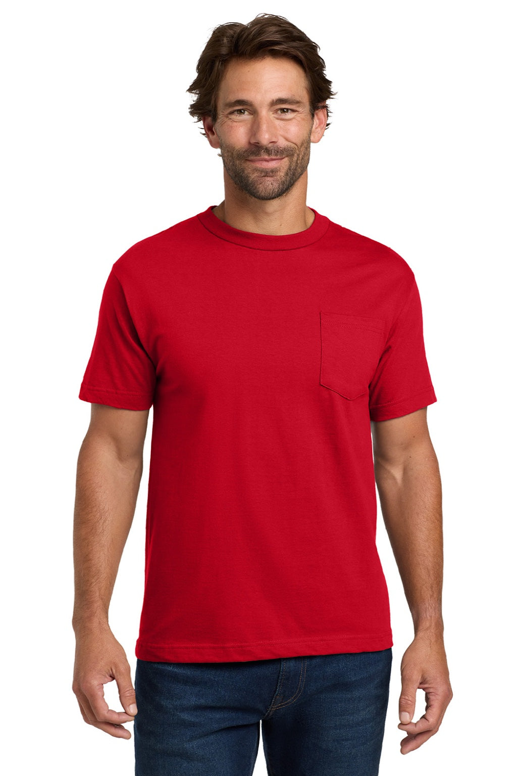 Hanes 5190 Mens Beefy-T Short Sleeve Crewneck T-Shirt w/ Pocket Deep Red Model Front