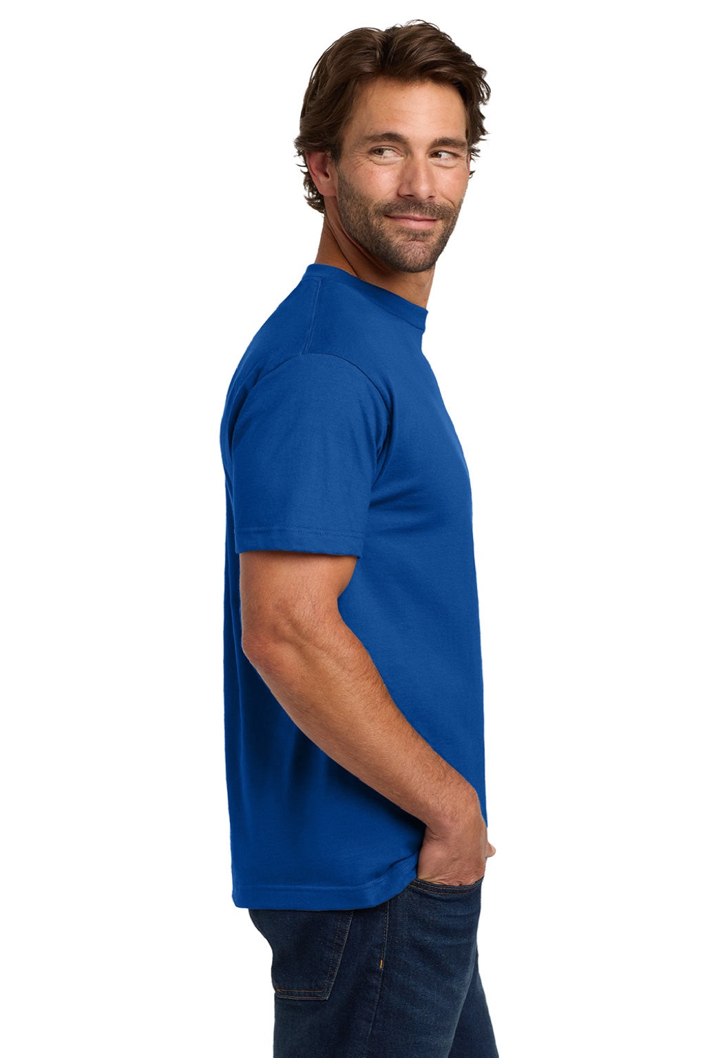 Hanes 5190 Mens Beefy-T Short Sleeve Crewneck T-Shirt w/ Pocket Deep Royal Blue Model Side