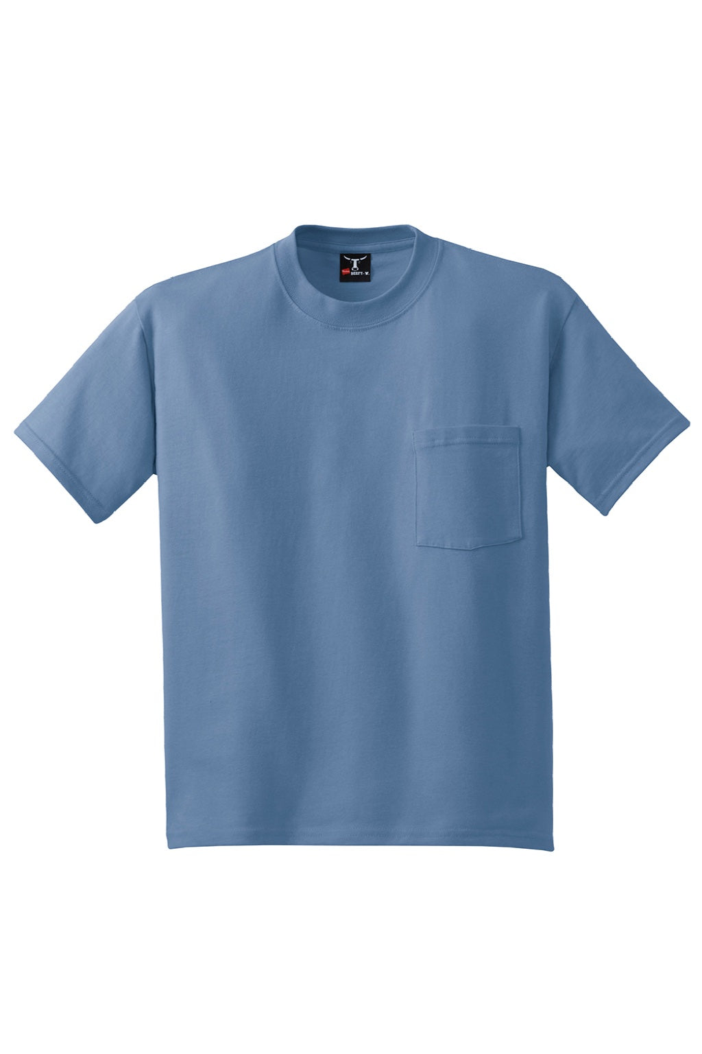 Hanes 5190 Mens Beefy-T Short Sleeve Crewneck T-Shirt w/ Pocket Denim Blue Flat Front