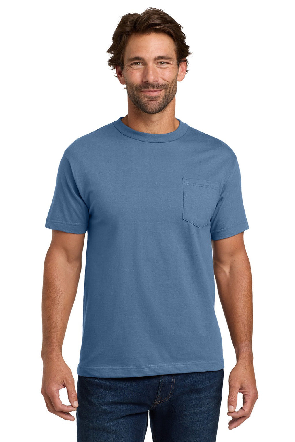 Hanes 5190 Mens Beefy-T Short Sleeve Crewneck T-Shirt w/ Pocket Denim Blue Model Front