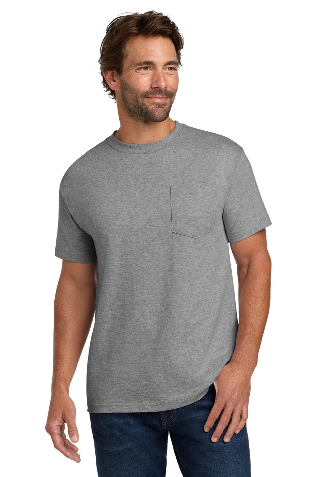 Hanes 5190 Mens Beefy-T Short Sleeve Crewneck T-Shirt w/ Pocket Light Steel Grey Model Front