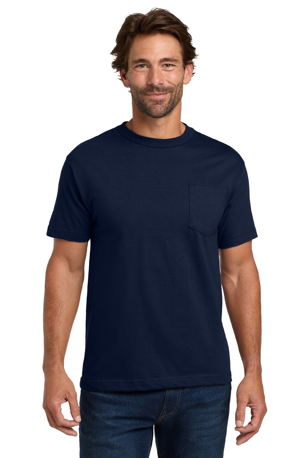 Hanes 5190 Mens Beefy-T Short Sleeve Crewneck T-Shirt w/ Pocket Navy Blue Model Front