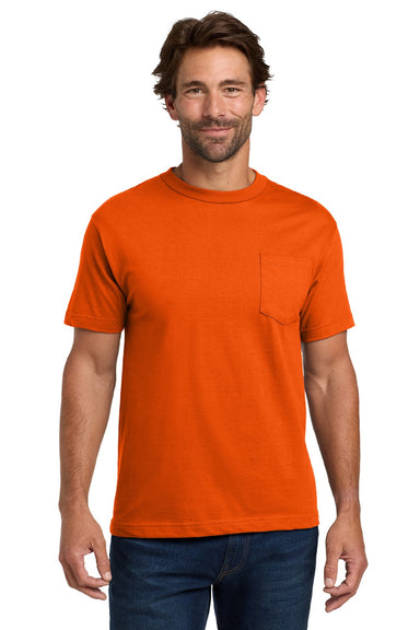 Hanes 5190 Mens Beefy-T Short Sleeve Crewneck T-Shirt w/ Pocket Orange Model Front
