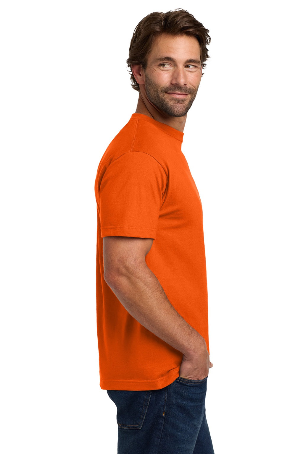 Hanes 5190 Mens Beefy-T Short Sleeve Crewneck T-Shirt w/ Pocket Orange Model Side