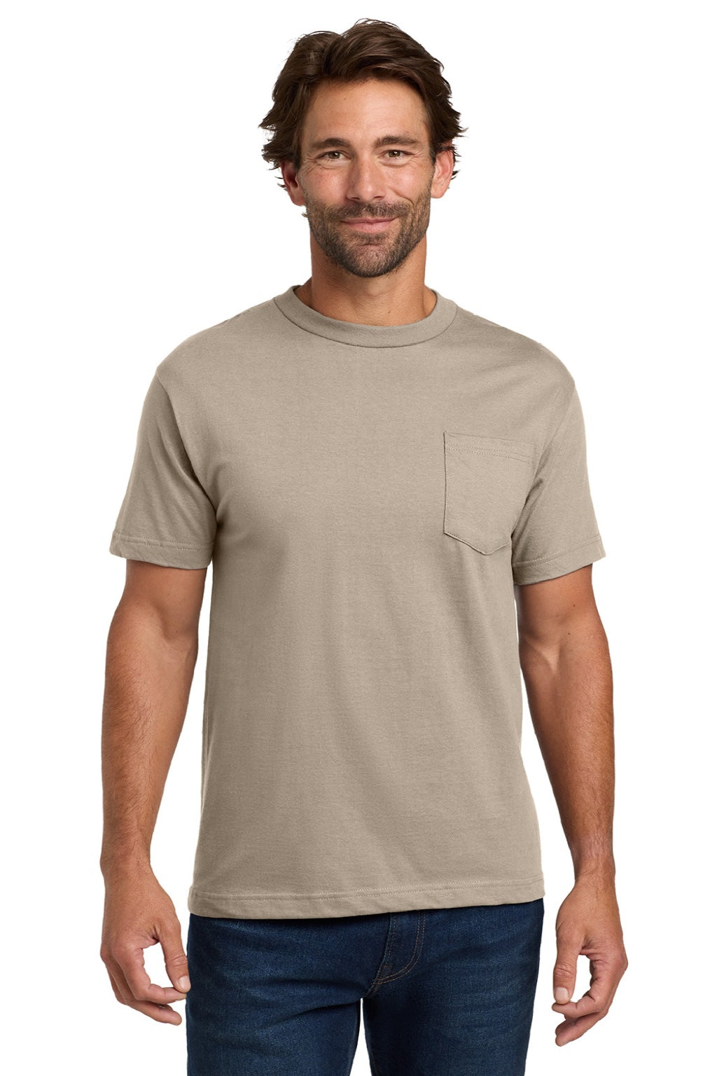Hanes 5190 Mens Beefy-T Short Sleeve Crewneck T-Shirt w/ Pocket Sand Model Front