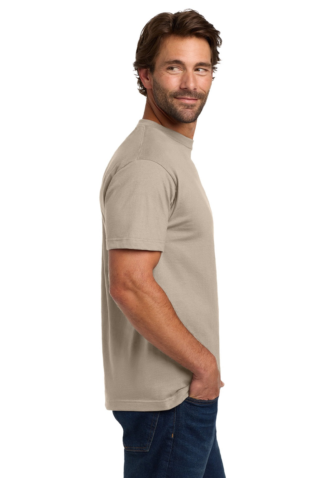 Hanes 5190 Mens Beefy-T Short Sleeve Crewneck T-Shirt w/ Pocket Sand Model Side