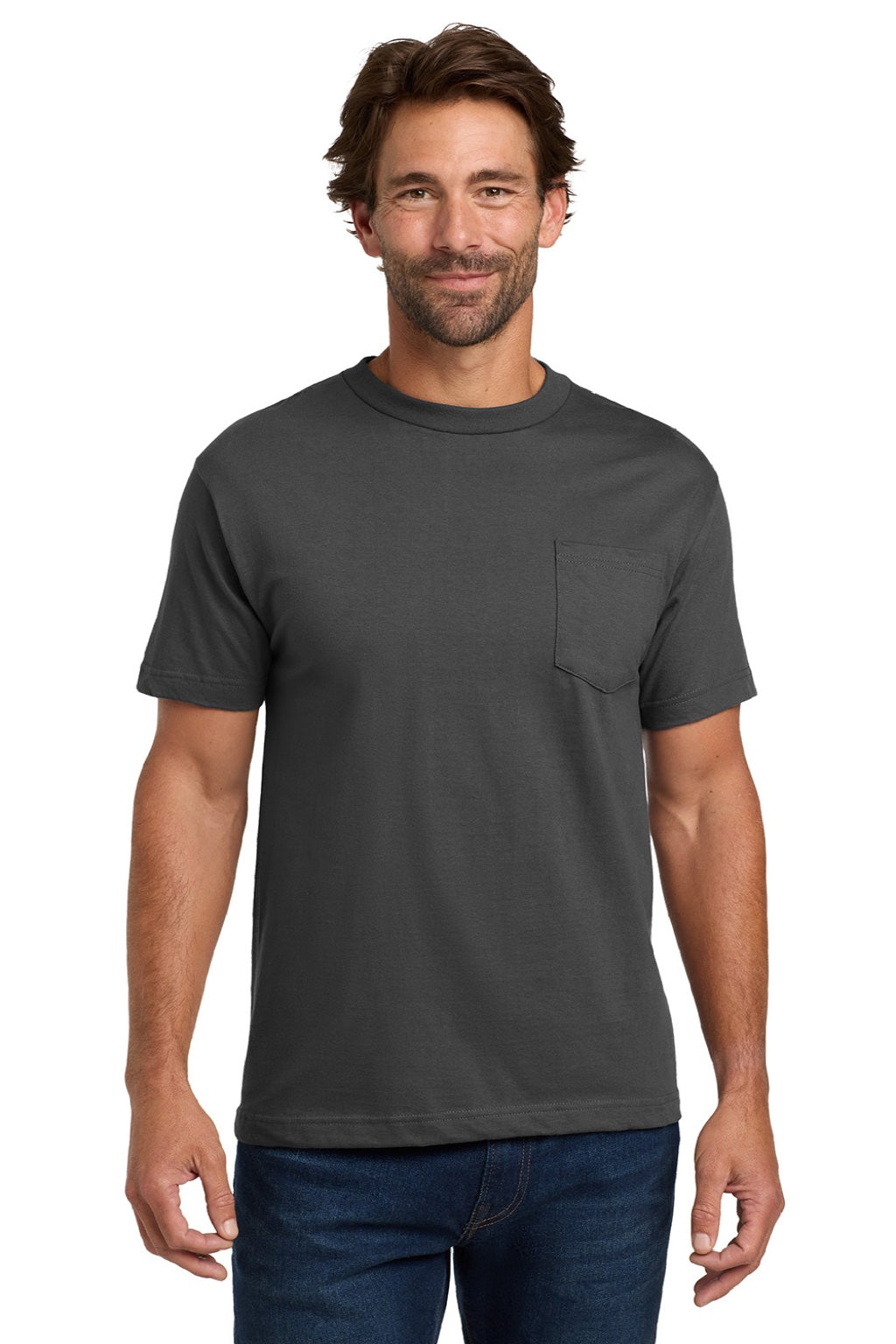 Hanes 5190 Mens Beefy-T Short Sleeve Crewneck T-Shirt w/ Pocket Smoke Grey Model Front