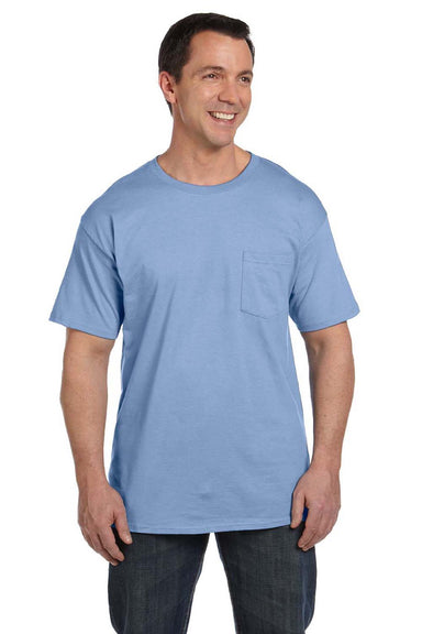 Hanes 5190 Mens Beefy-T Short Sleeve Crewneck T-Shirt w/ Pocket Light Blue Model Front