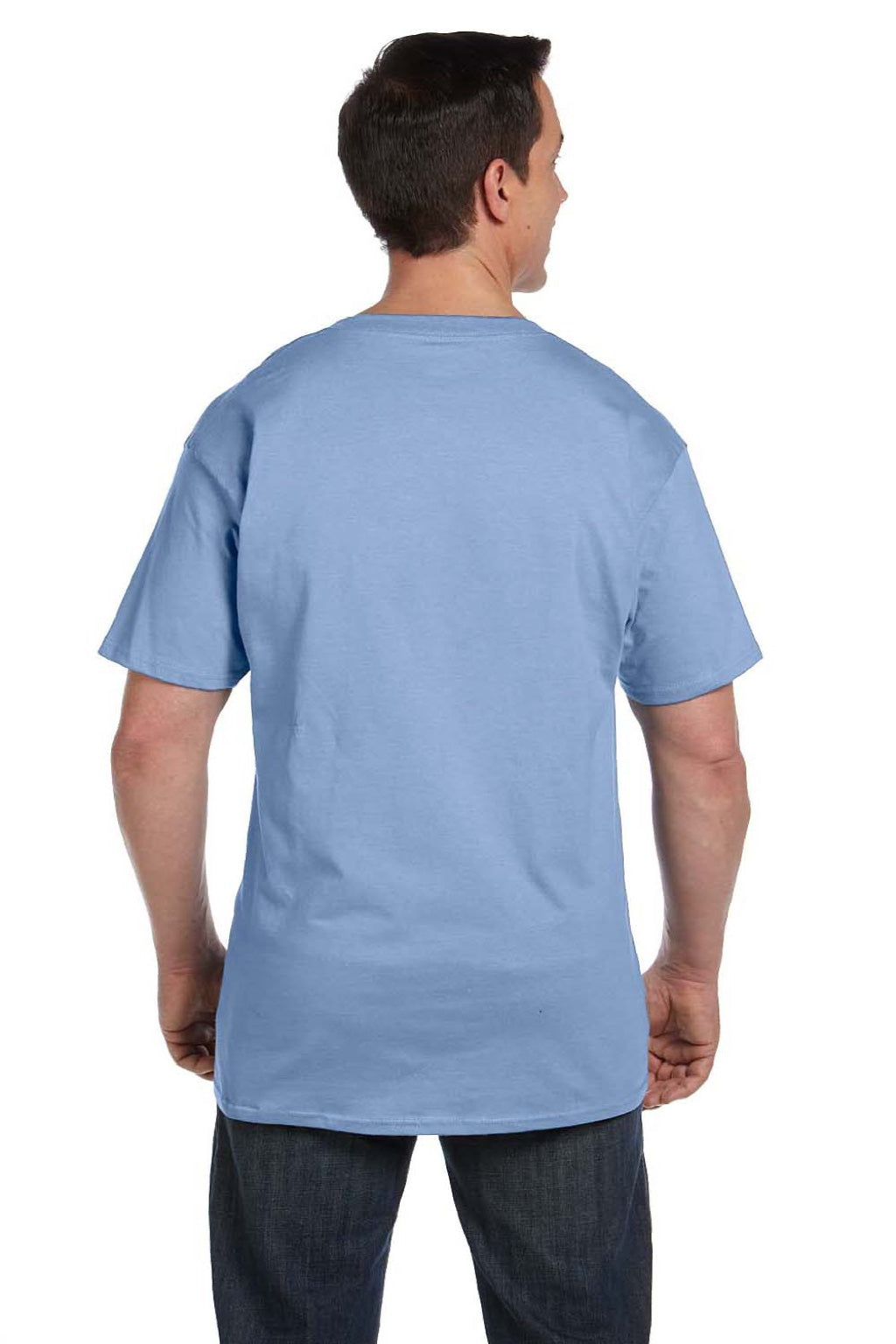 Hanes 5190 Mens Beefy-T Short Sleeve Crewneck T-Shirt w/ Pocket Light Blue Model Back
