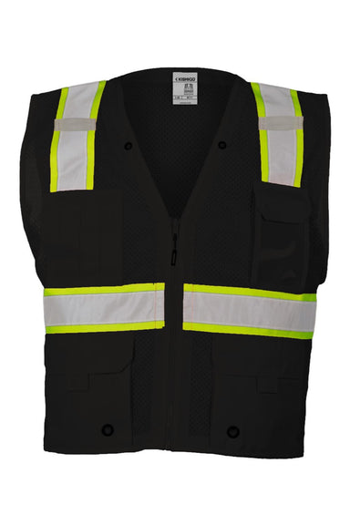 Kishigo B100-111 Unisex EV Series Enhanced Visibility Multi Pocket Mesh Vest Black/Lime Green Flat Front