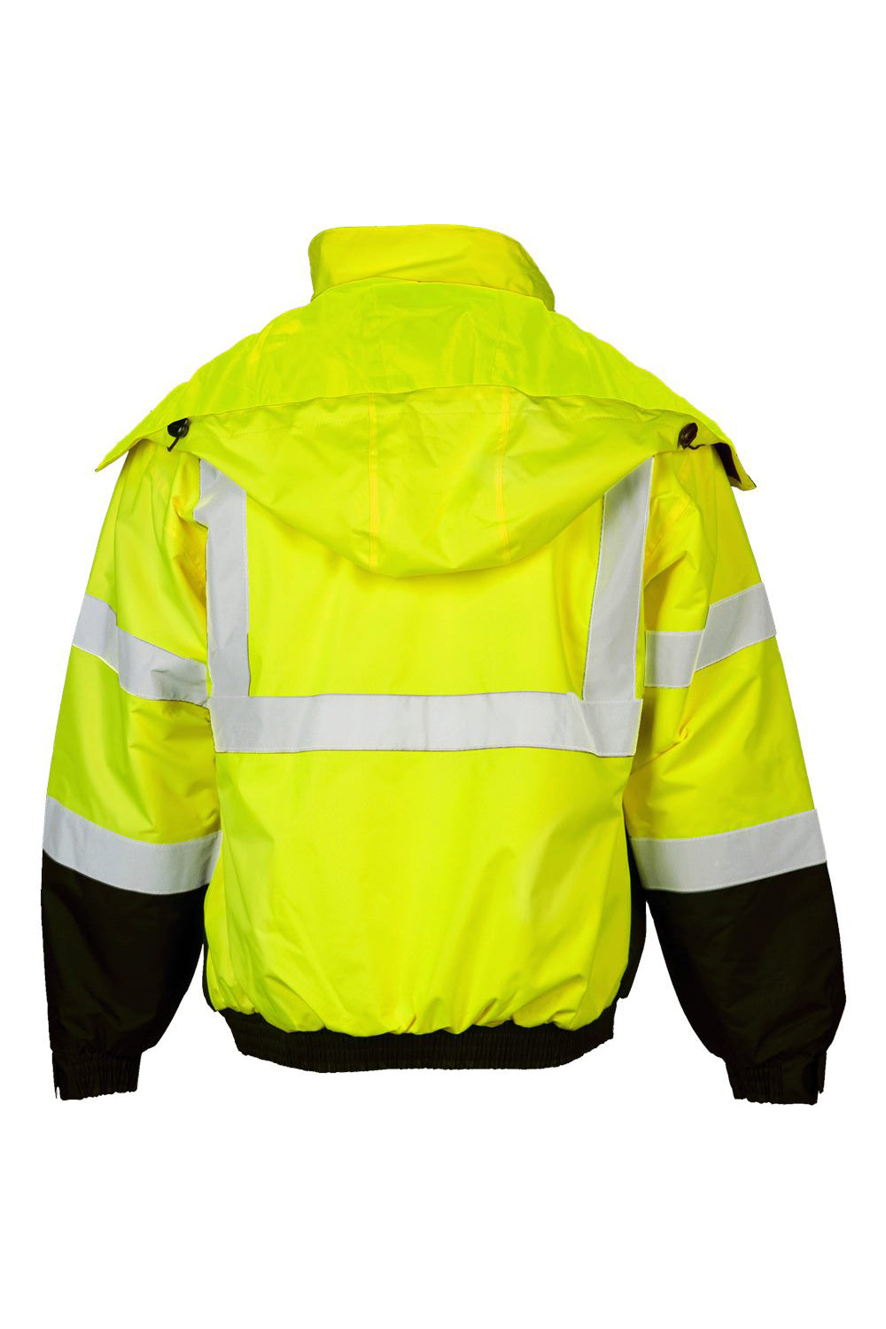 Kishigo JS121-122 Mens Waterproof Full Zip Hooded Bomber Jacket Lime Green Flat Back