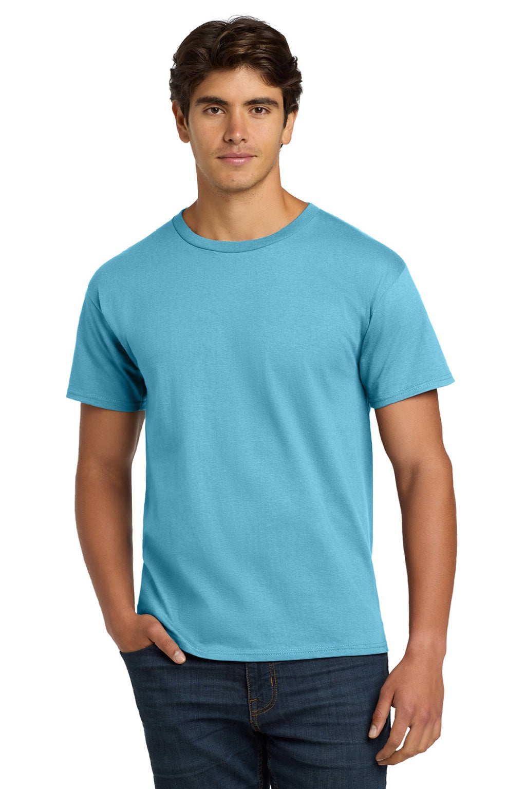 Hanes 5250 Mens Authentic Short Sleeve Crewneck T-Shirt Aquatic Blue Model Front