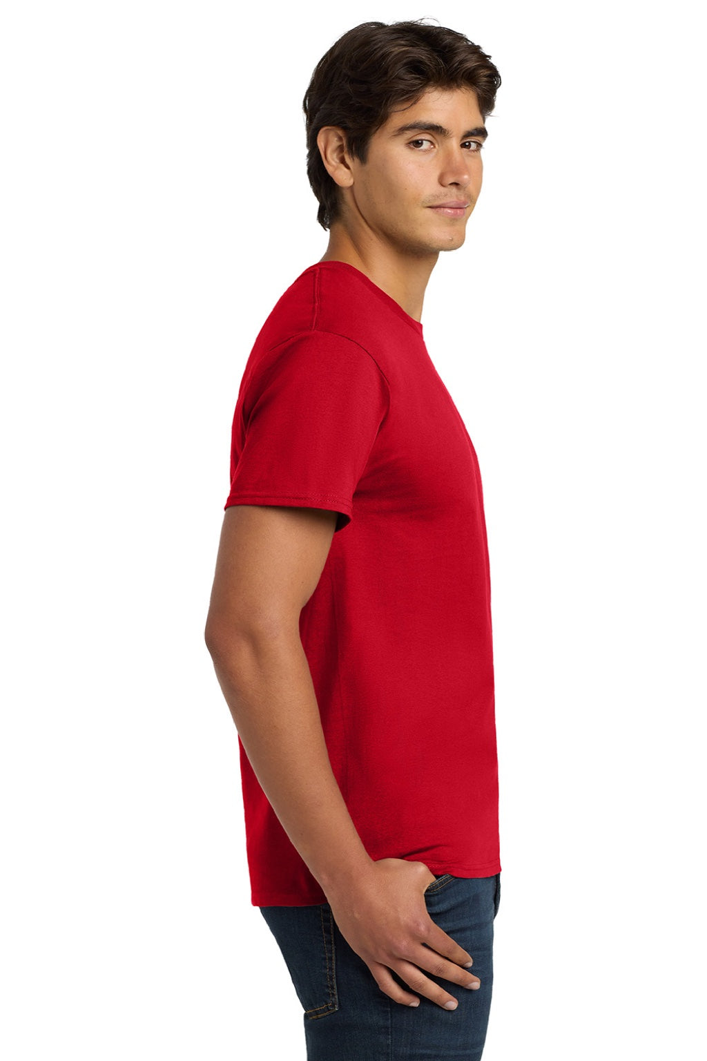 Hanes 5250 Mens Authentic Short Sleeve Crewneck T-Shirt Deep Red Model Side
