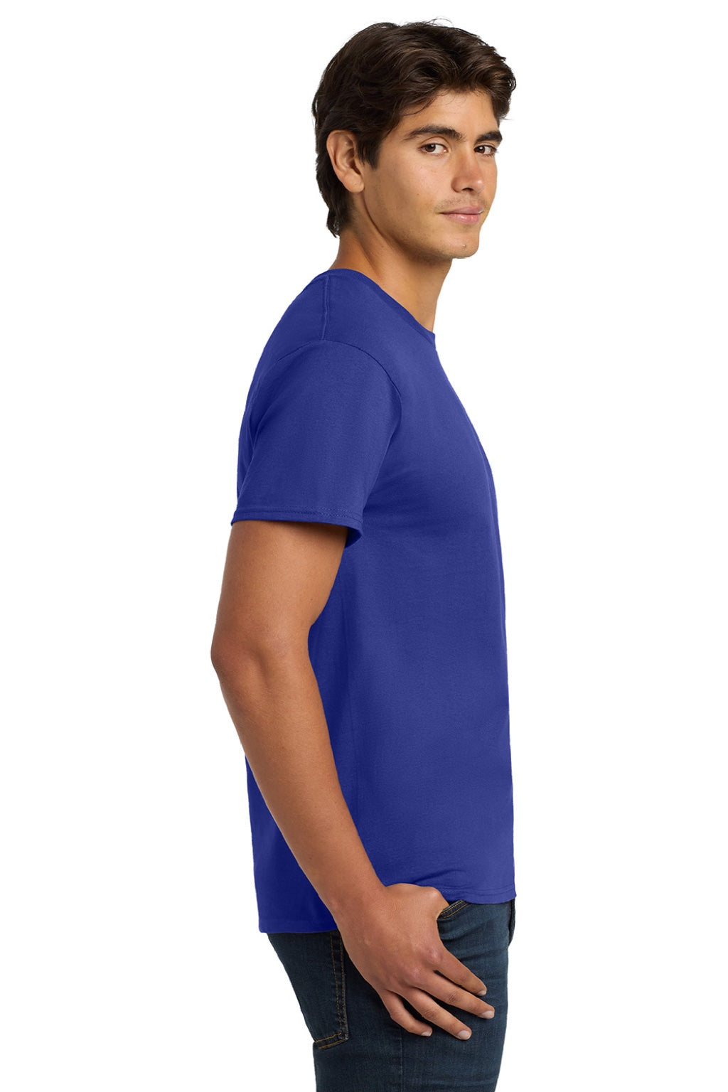 Hanes 5250 Mens Authentic Short Sleeve Crewneck T-Shirt Deep Royal Blue Model Side