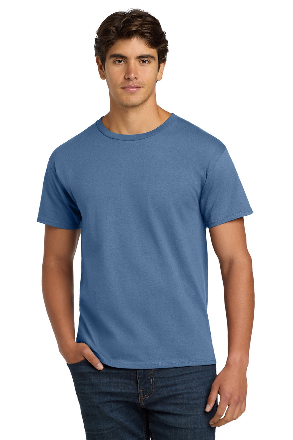 Hanes 5250 Mens Authentic Short Sleeve Crewneck T-Shirt Denim Blue Model Front