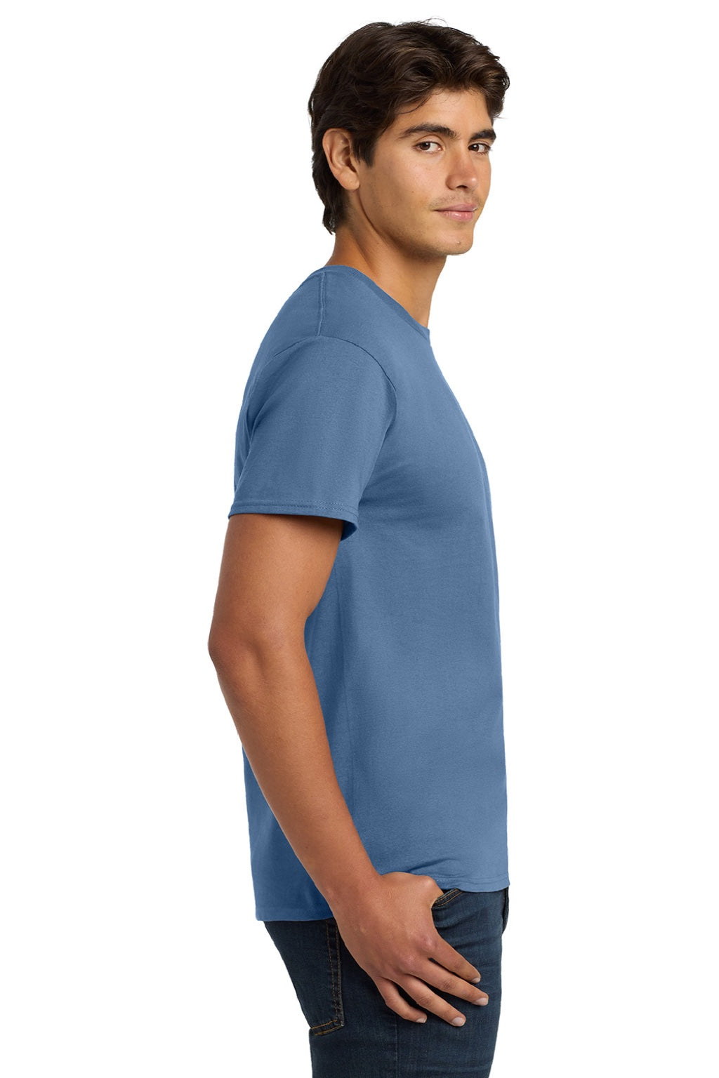 Hanes 5250 Mens Authentic Short Sleeve Crewneck T-Shirt Denim Blue Model Side