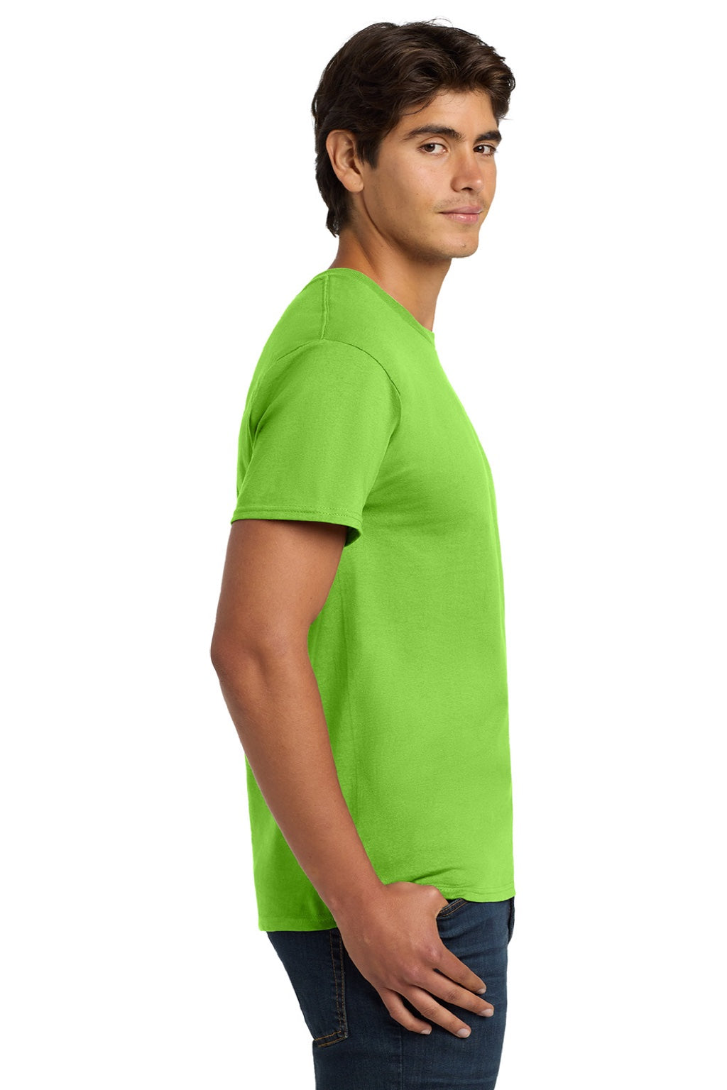 Hanes 5250 Mens Authentic Short Sleeve Crewneck T-Shirt Lime Green Model Side