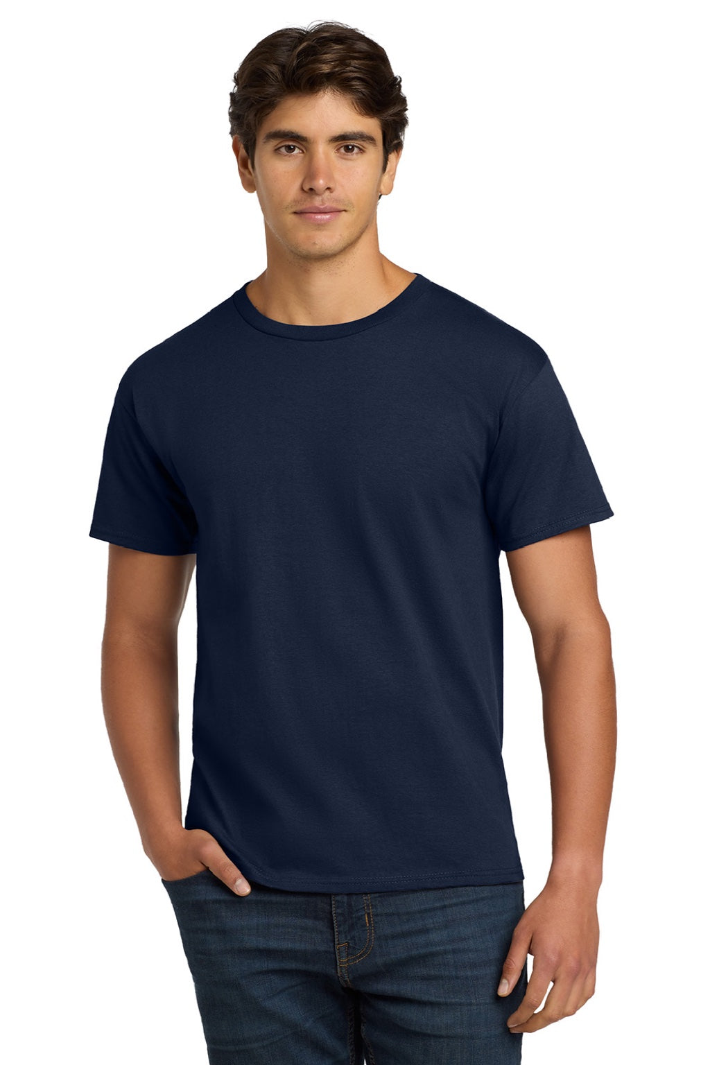 Hanes 5250 Mens Authentic Short Sleeve Crewneck T-Shirt Navy Blue Model Front