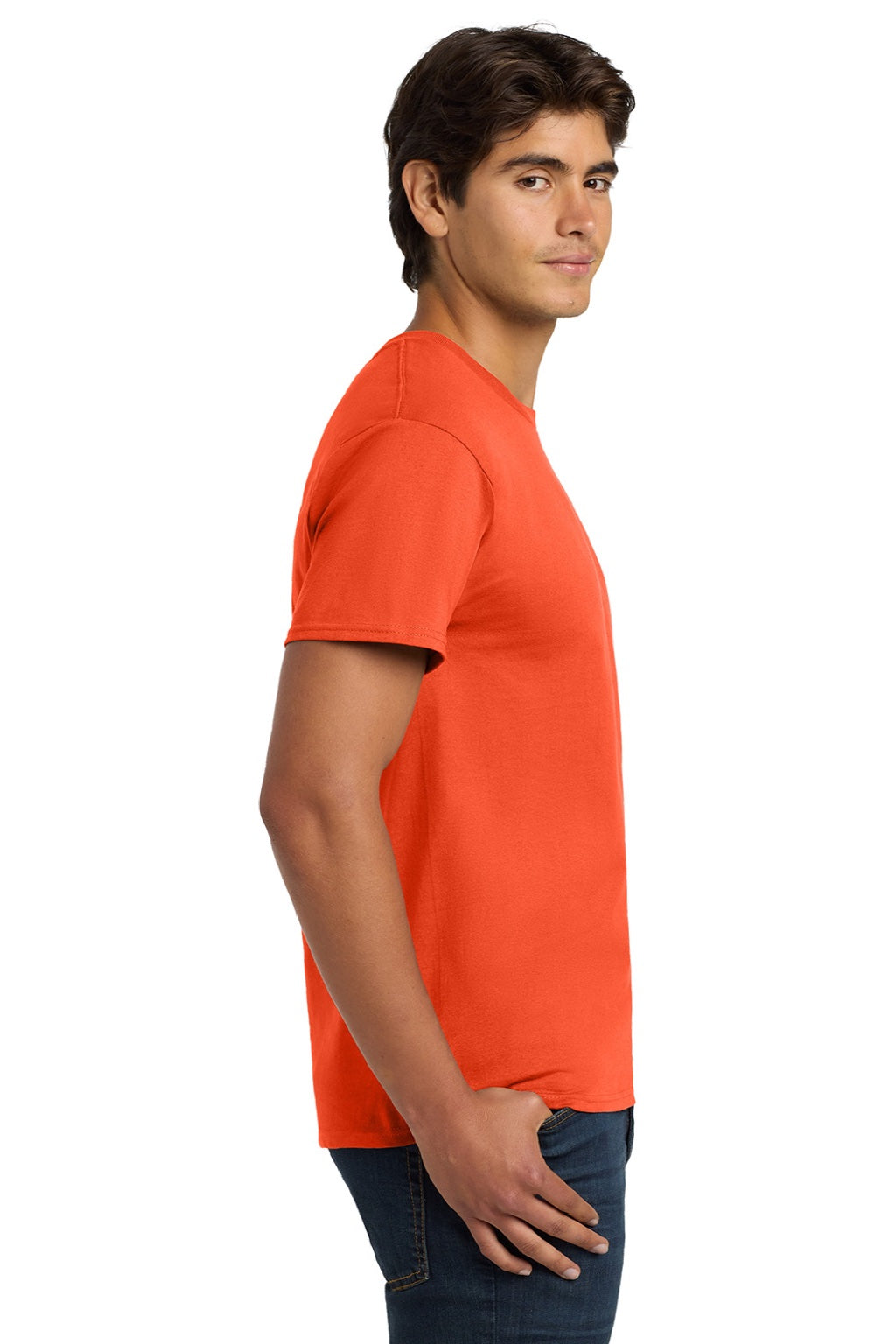 Hanes 5250 Mens Authentic Short Sleeve Crewneck T-Shirt Orange Model Side