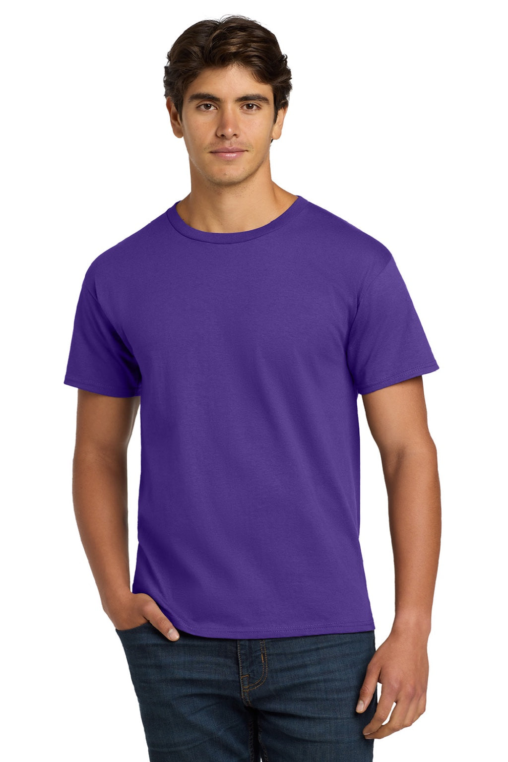 Hanes 5250 Mens Authentic Short Sleeve Crewneck T-Shirt Purple Model Front