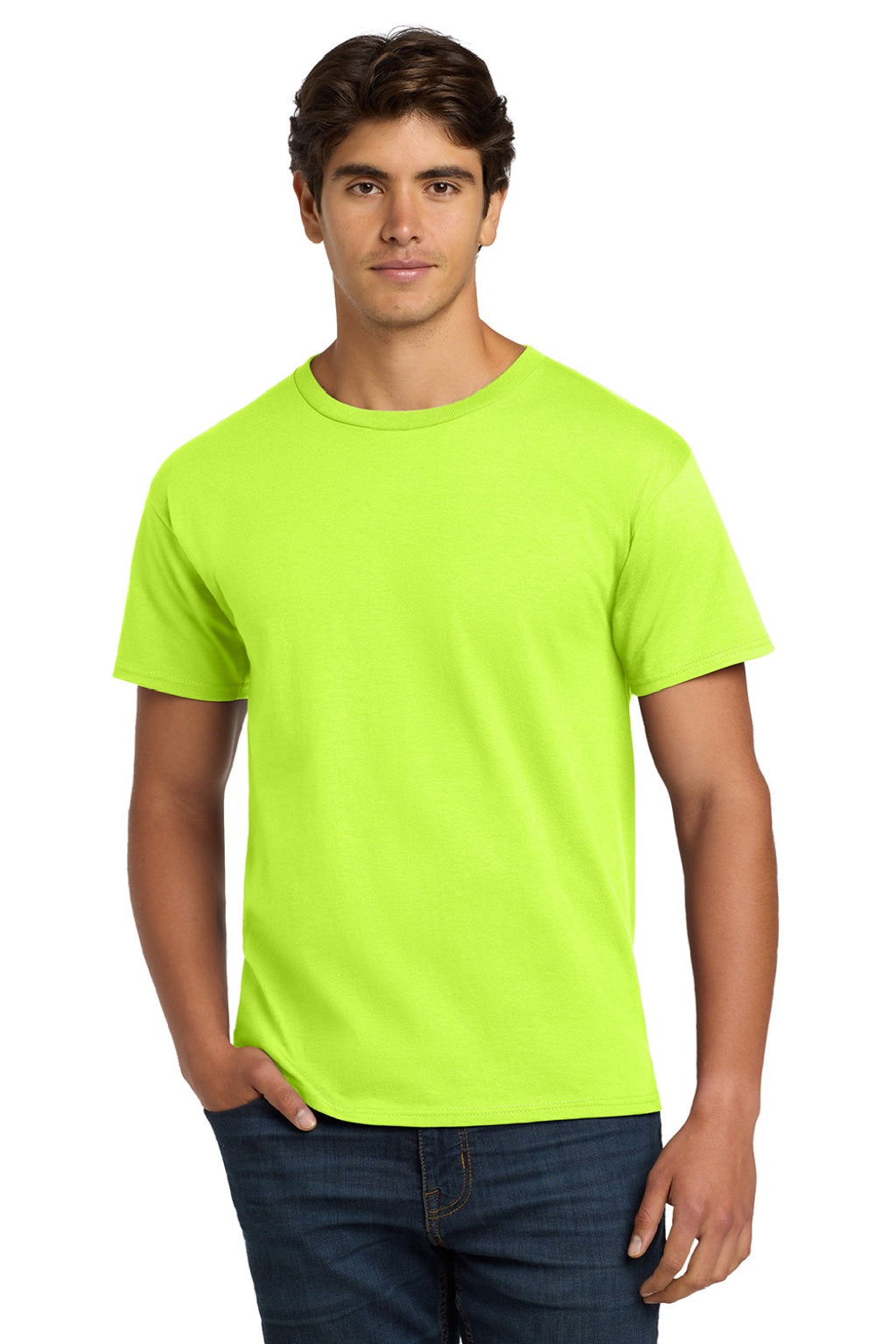 Hanes 5250 Mens Authentic Short Sleeve Crewneck T-Shirt Safety Green Model Front