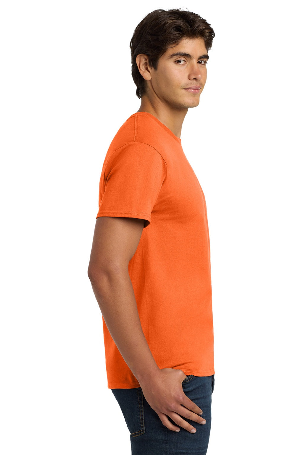 Hanes 5250 Mens Authentic Short Sleeve Crewneck T-Shirt Safety Orange Model Side