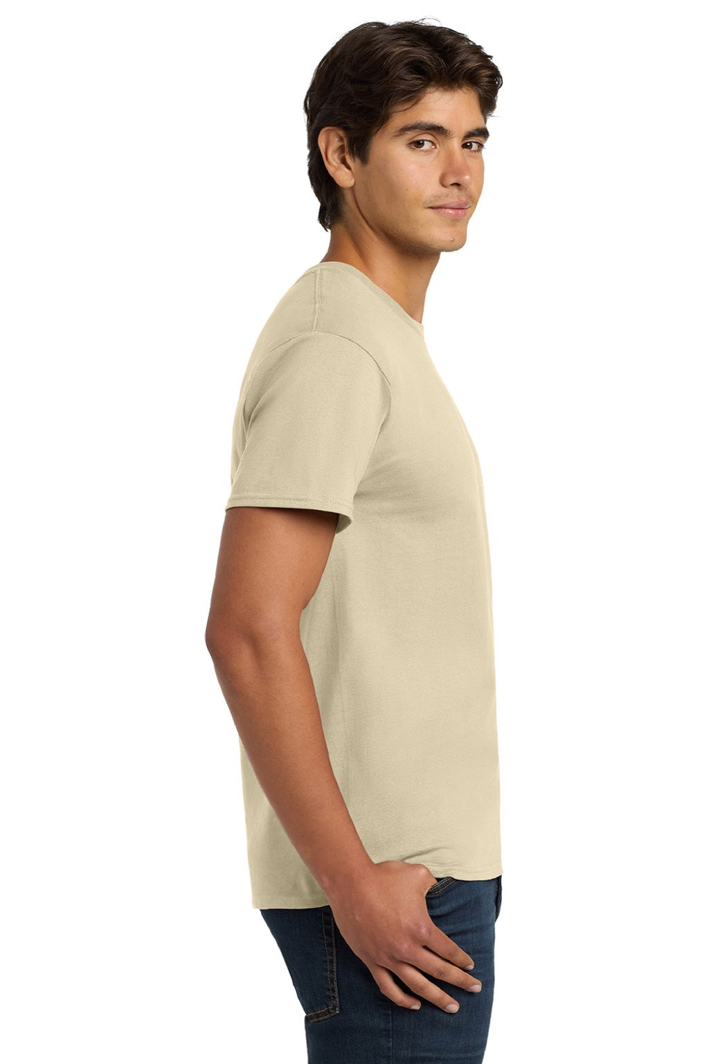 Hanes 5250 Mens Authentic Short Sleeve Crewneck T-Shirt Sand Model Side
