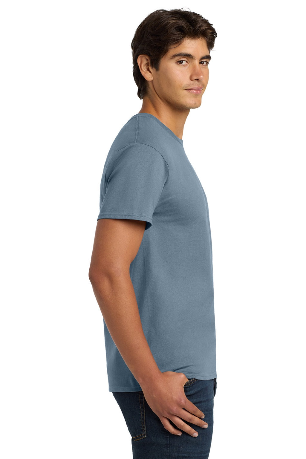 Hanes 5250 Mens Authentic Short Sleeve Crewneck T-Shirt Stonewashed Blue Model Side