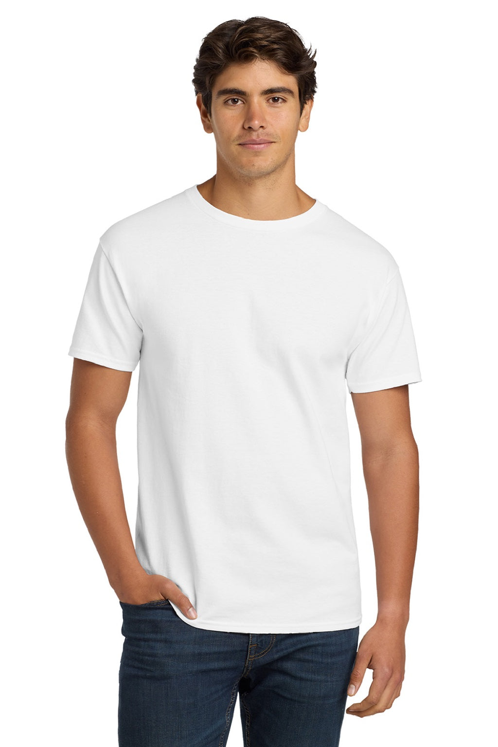 Hanes 5250 Mens Authentic Short Sleeve Crewneck T-Shirt White Model Front