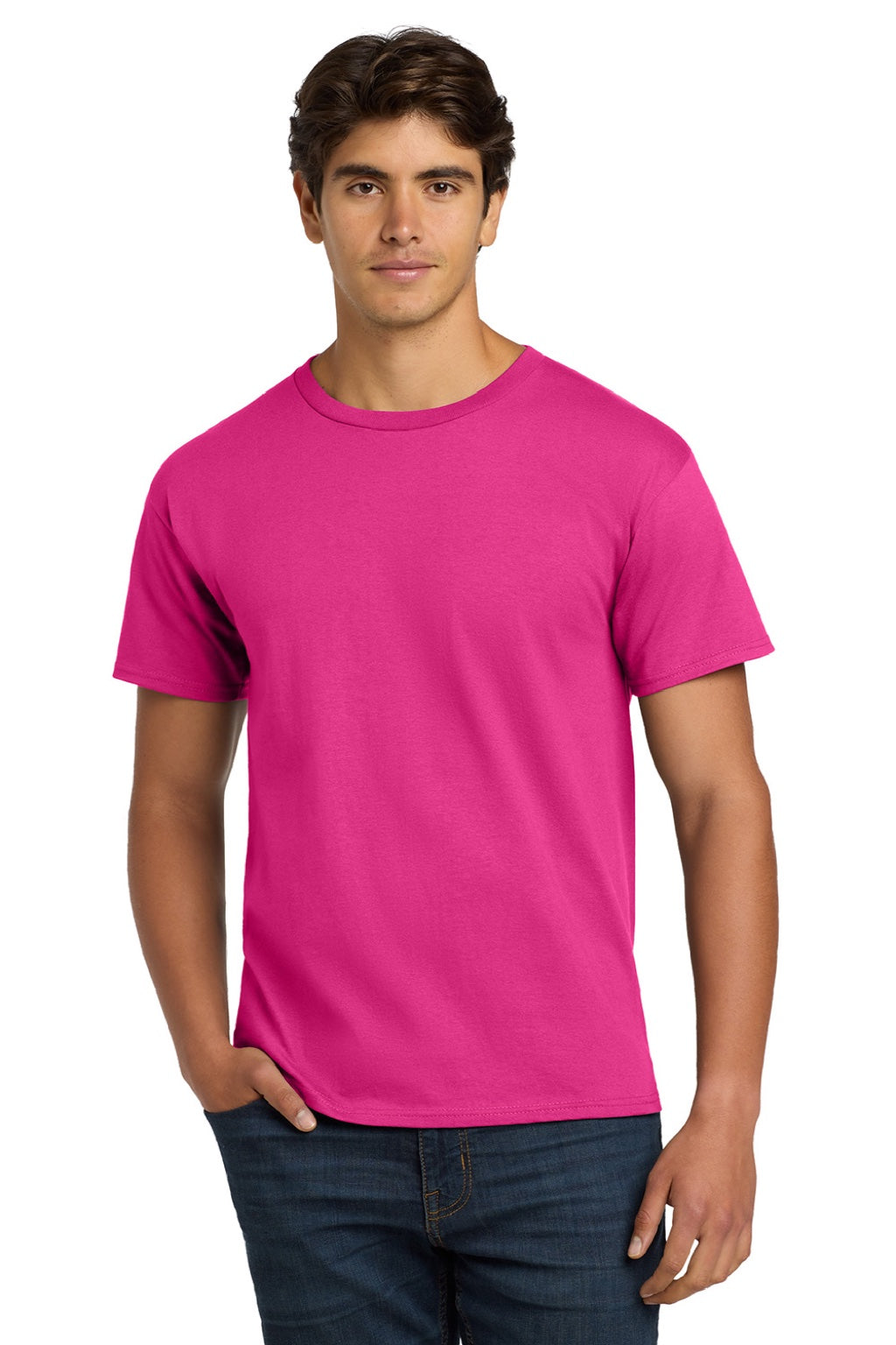 Hanes 5250 Mens Authentic Short Sleeve Crewneck T-Shirt Wow Pink Model Front